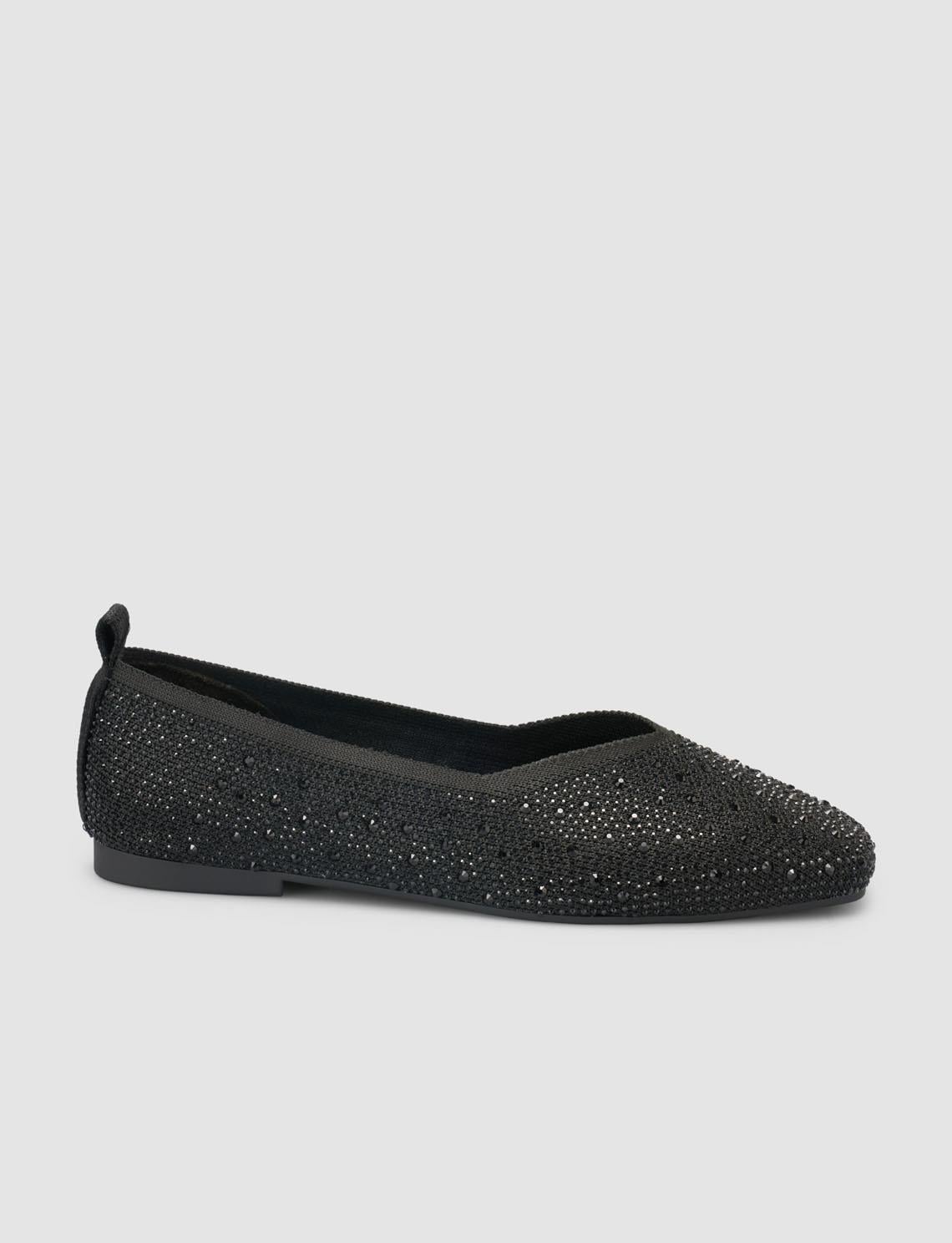 Fabric Embellished Black Women's Ballet Flats