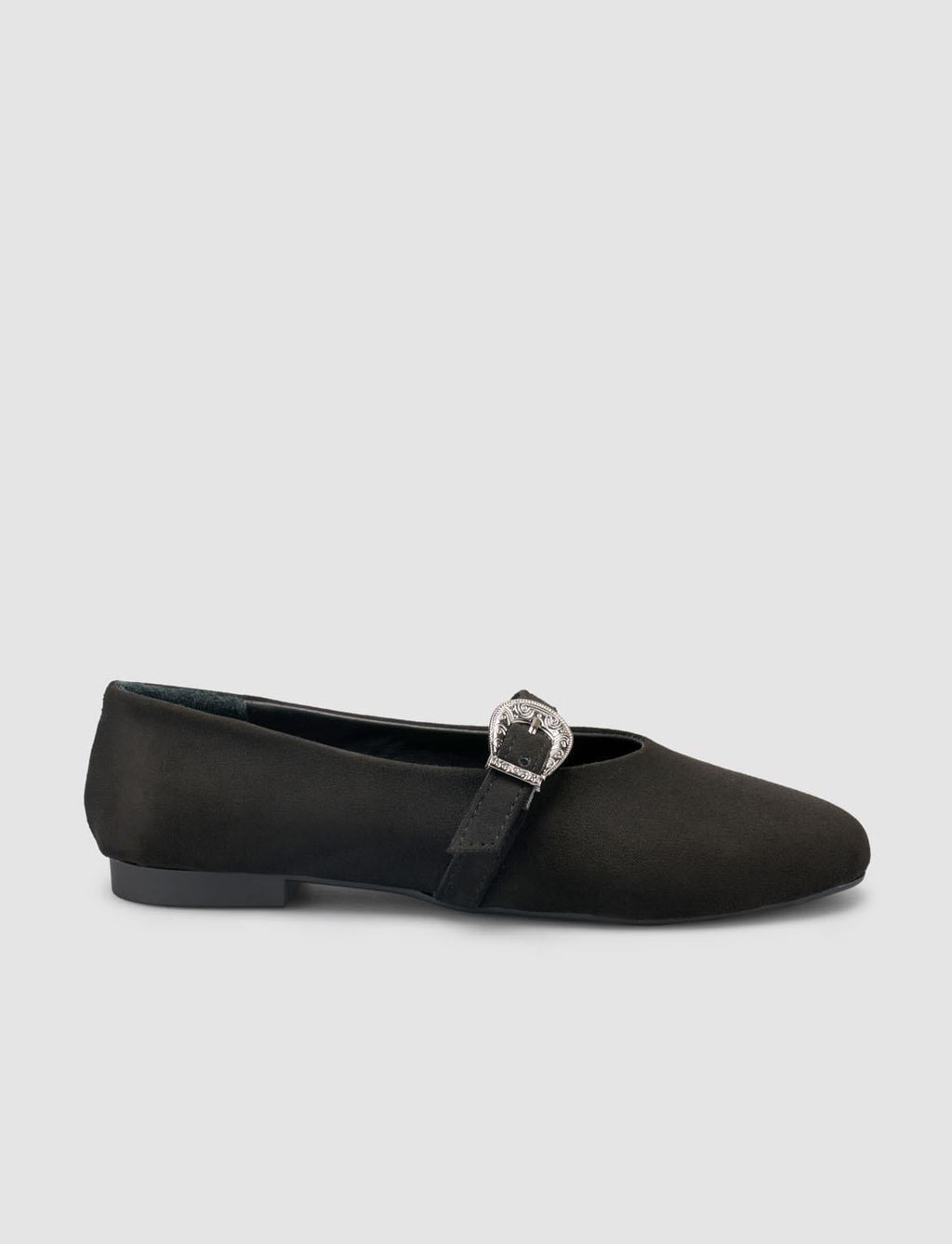 Suede-Look Black Women's Ballet Flats with Buckle Detail
