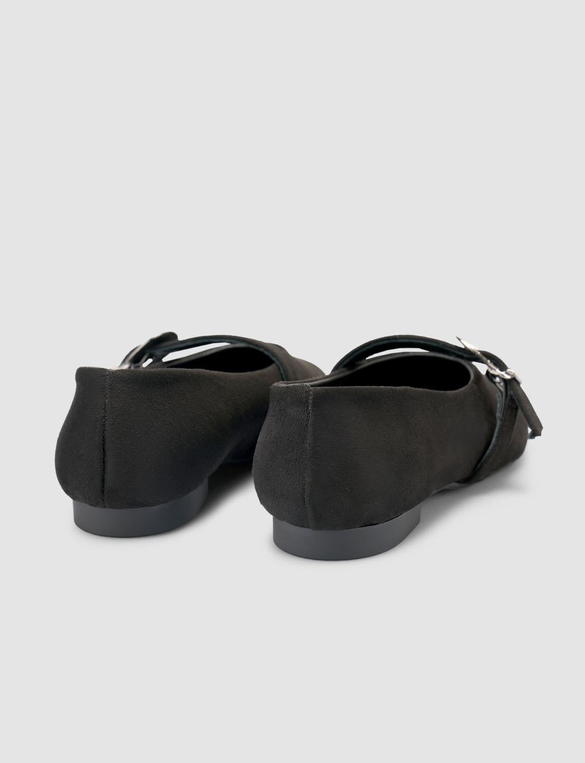 Suede-Look Black Women's Ballet Flats with Buckle Detail
