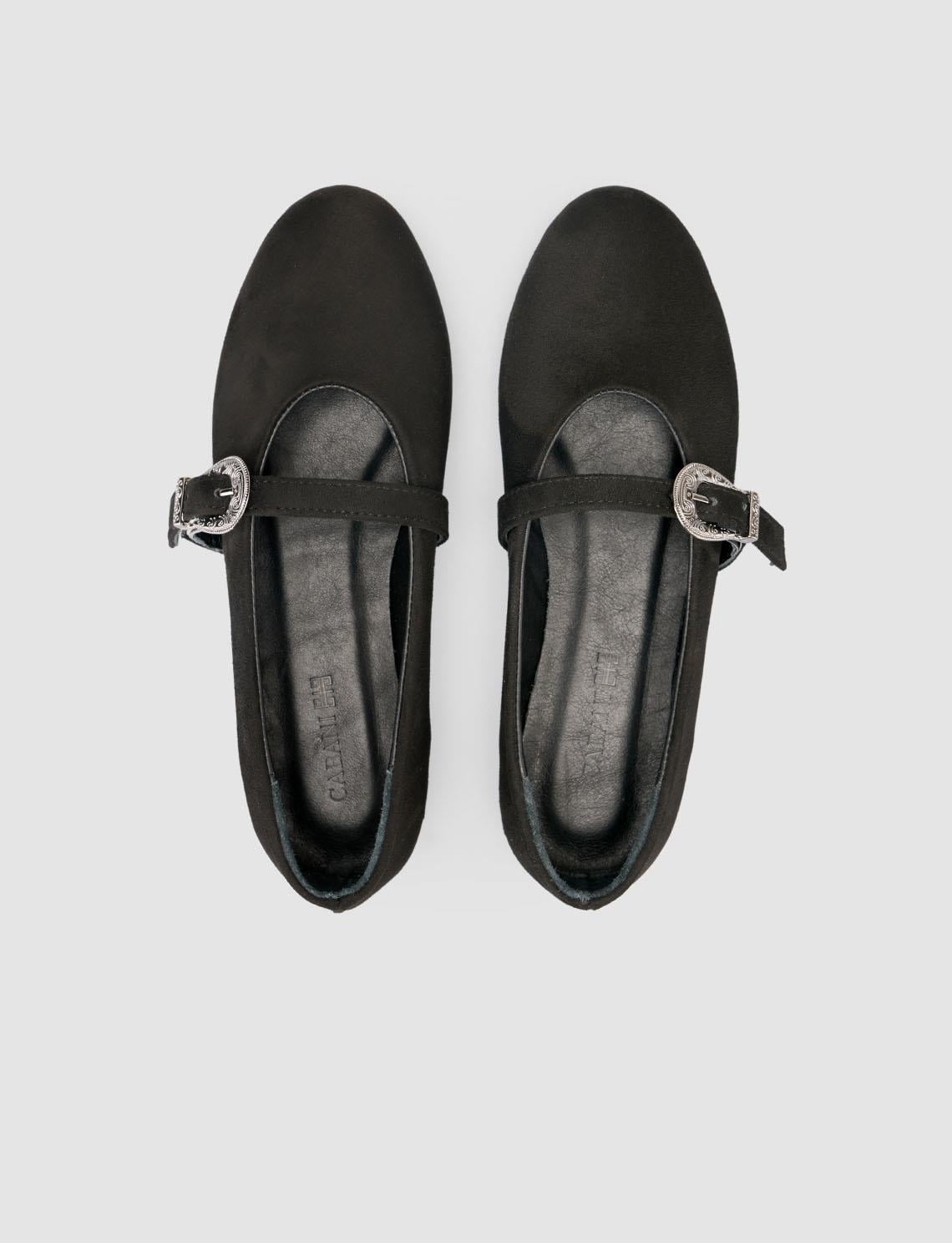 Suede-Look Black Women's Ballet Flats with Buckle Detail