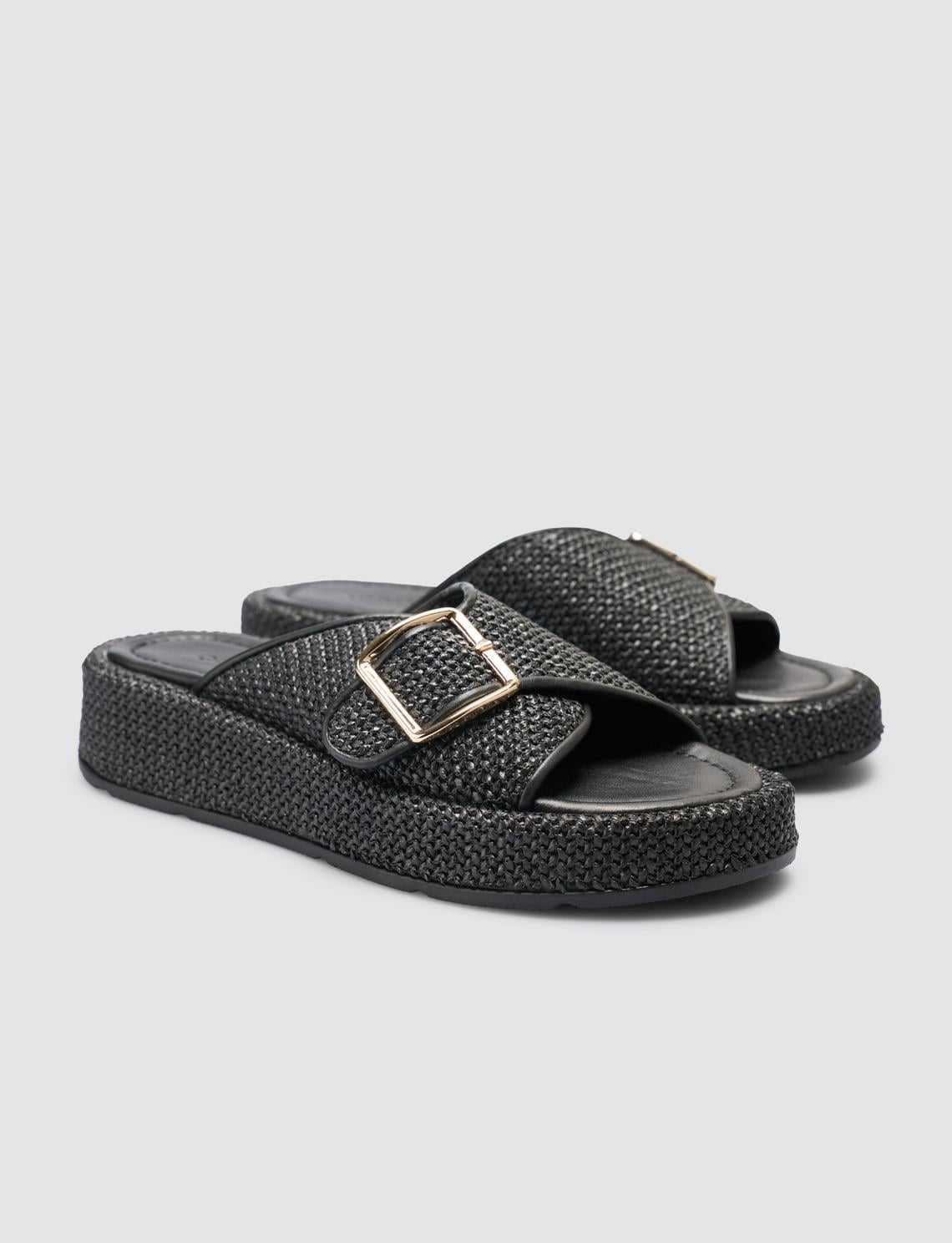 Black Women's Slippers with Woven Details