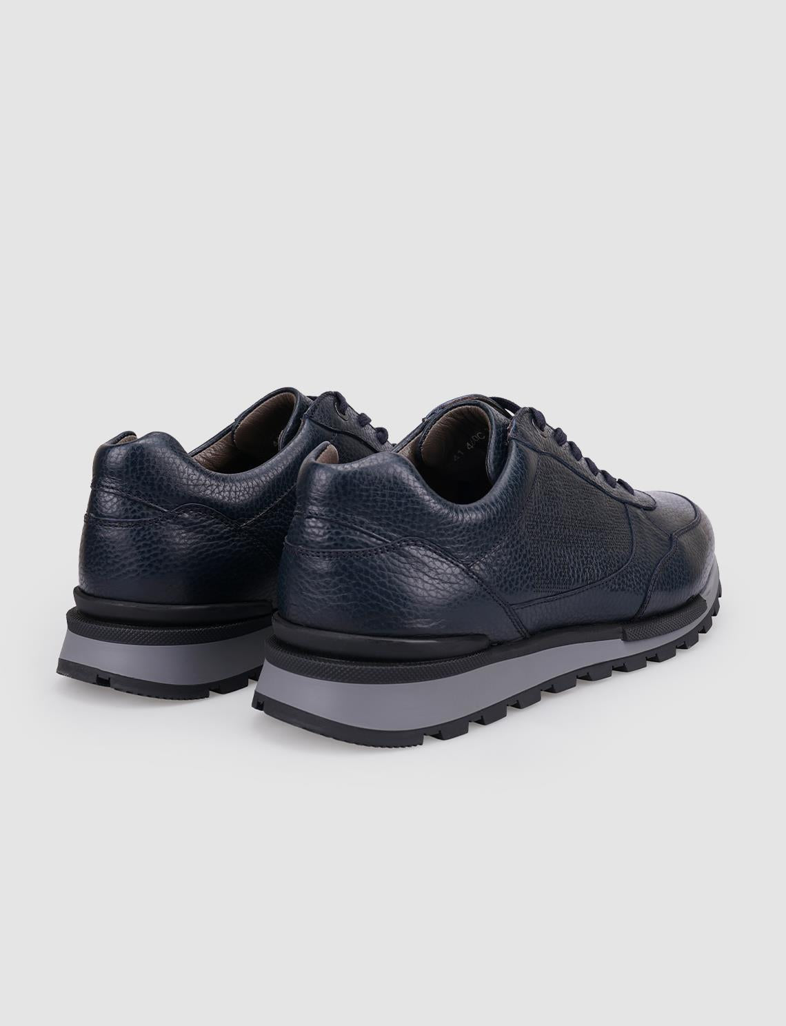 100% Genuine Leather Navy Blue Lace-up Men's Athletic Shoes