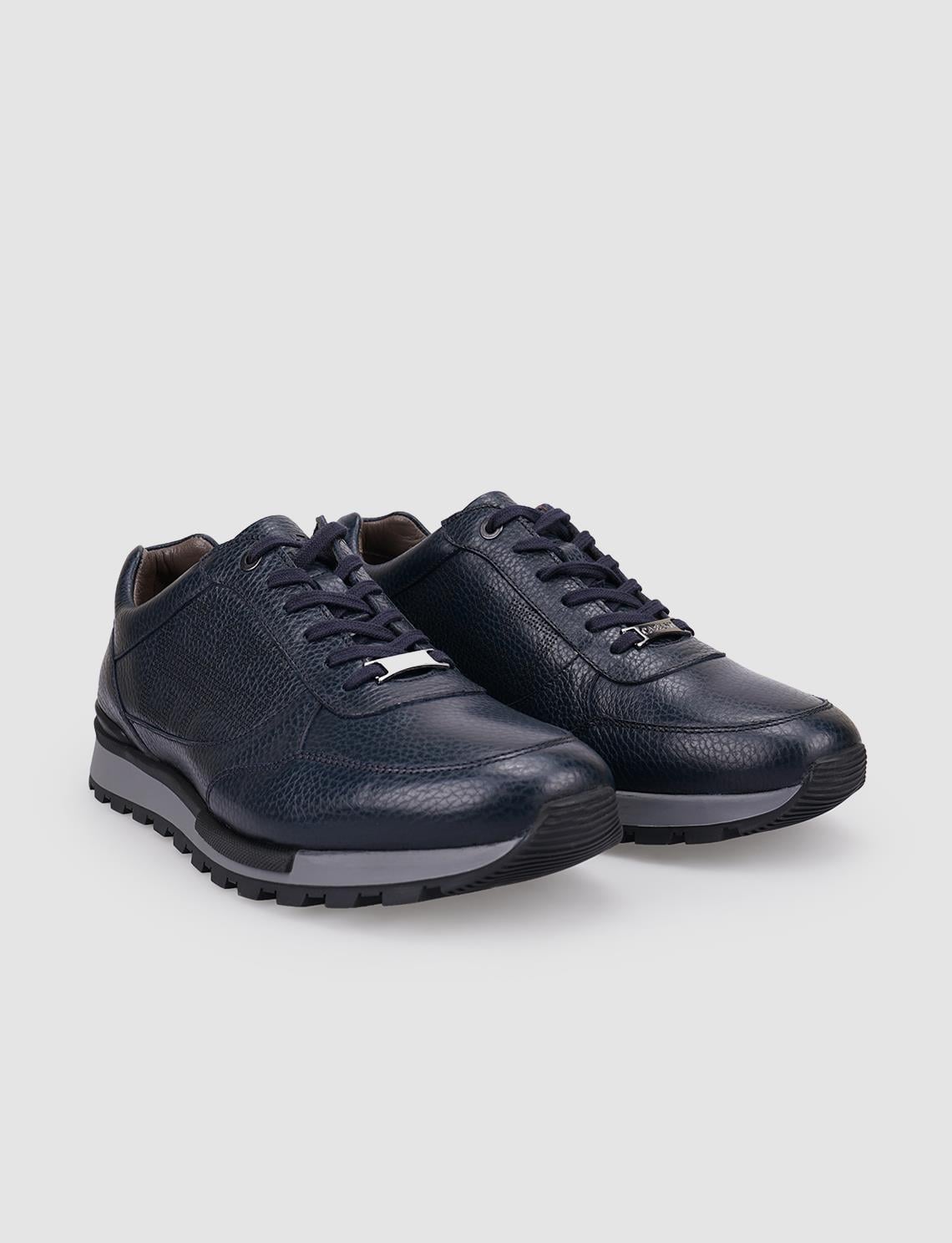 100% Genuine Leather Navy Blue Lace-up Men's Athletic Shoes