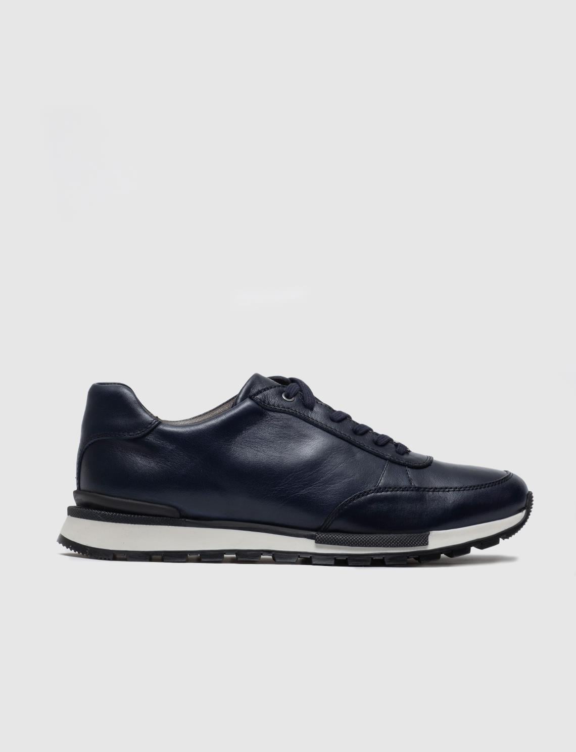 Navy Blue Genuine Leather Lace-up Men's Athletic Shoes