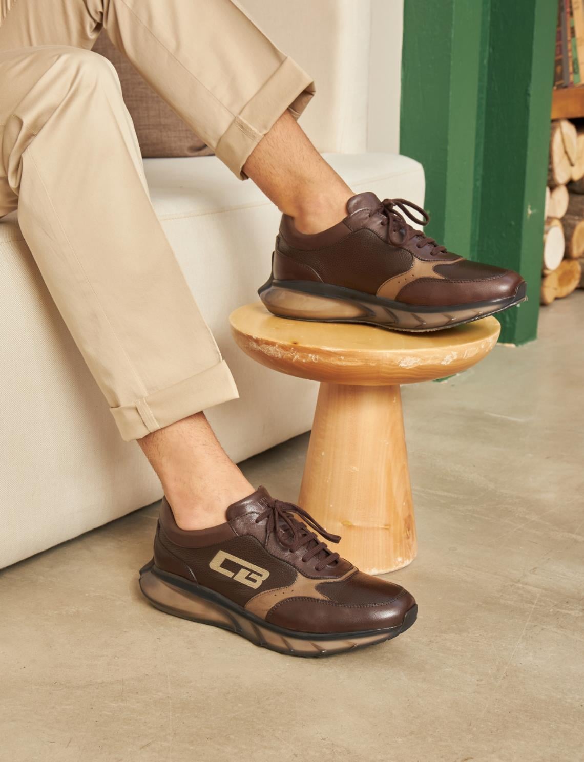 Light Eva Sole Genuine Leather Brown Lace-up Men's Athletic Shoes