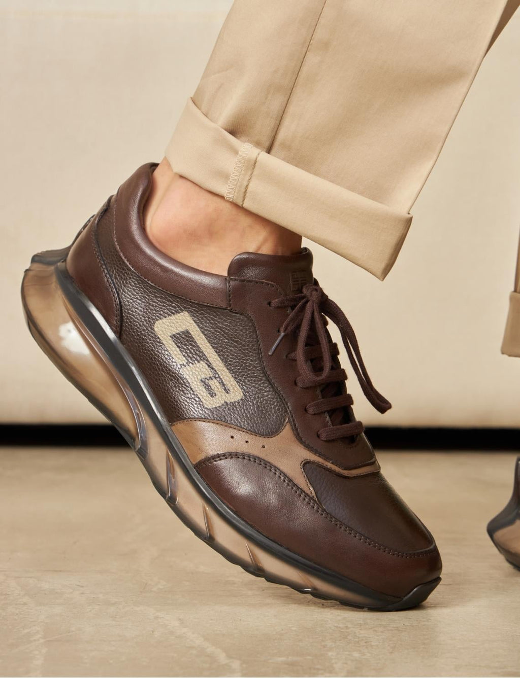 Light Eva Sole Genuine Leather Brown Lace-up Men's Athletic Shoes