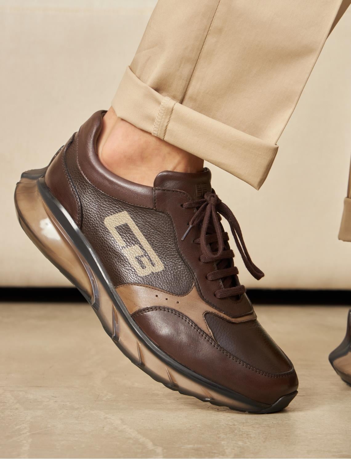 Light Eva Sole Genuine Leather Brown Lace-up Men's Athletic Shoes