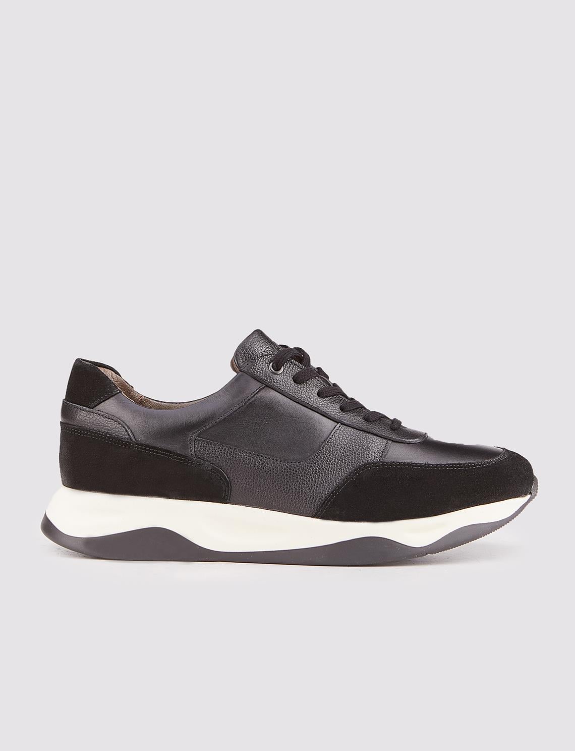 Men's Black Lace-up Athletic Shoes with Light Rubber Sole and Genuine Leather