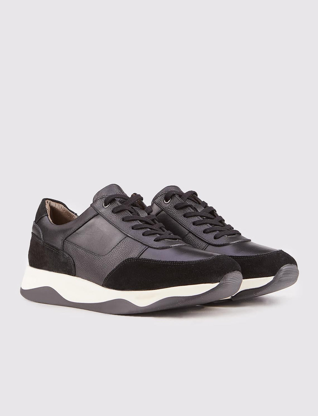 Men's Black Lace-up Athletic Shoes with Light Rubber Sole and Genuine Leather