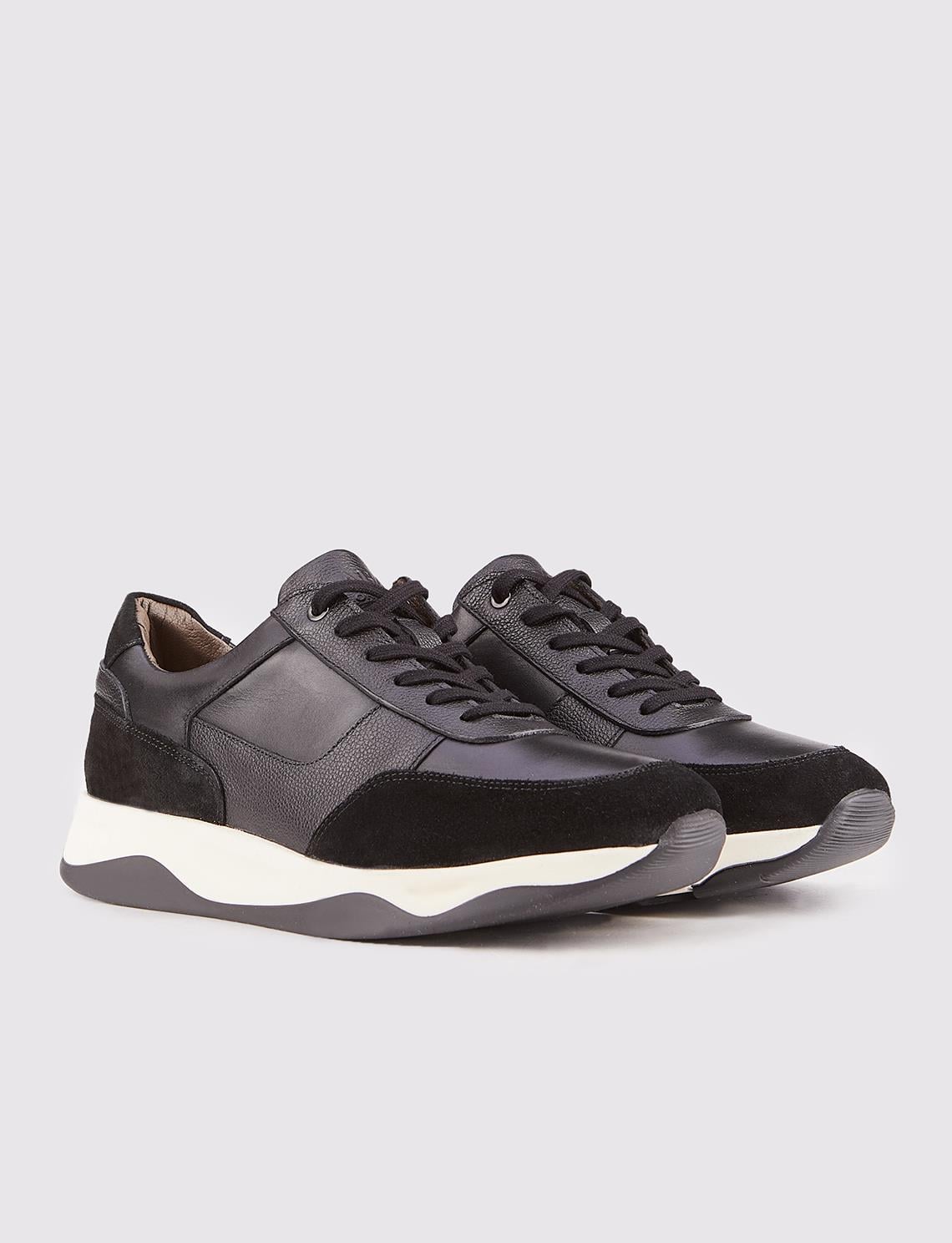 Men's Black Lace-up Athletic Shoes with Light Rubber Sole and Genuine Leather