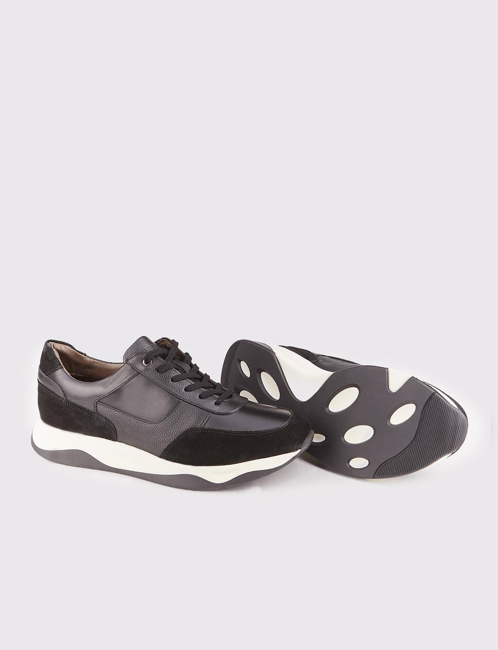 Men's Black Lace-up Athletic Shoes with Light Rubber Sole and Genuine Leather