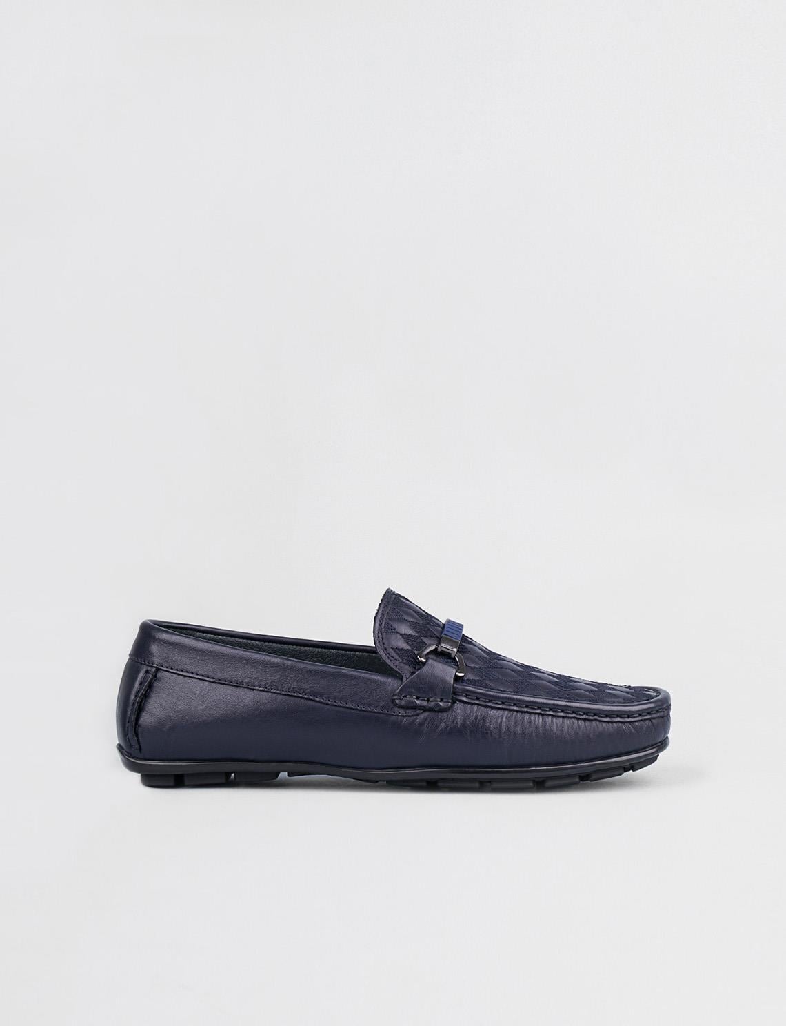 Navy Blue Genuine Leather Men's Loafers with Blue Band