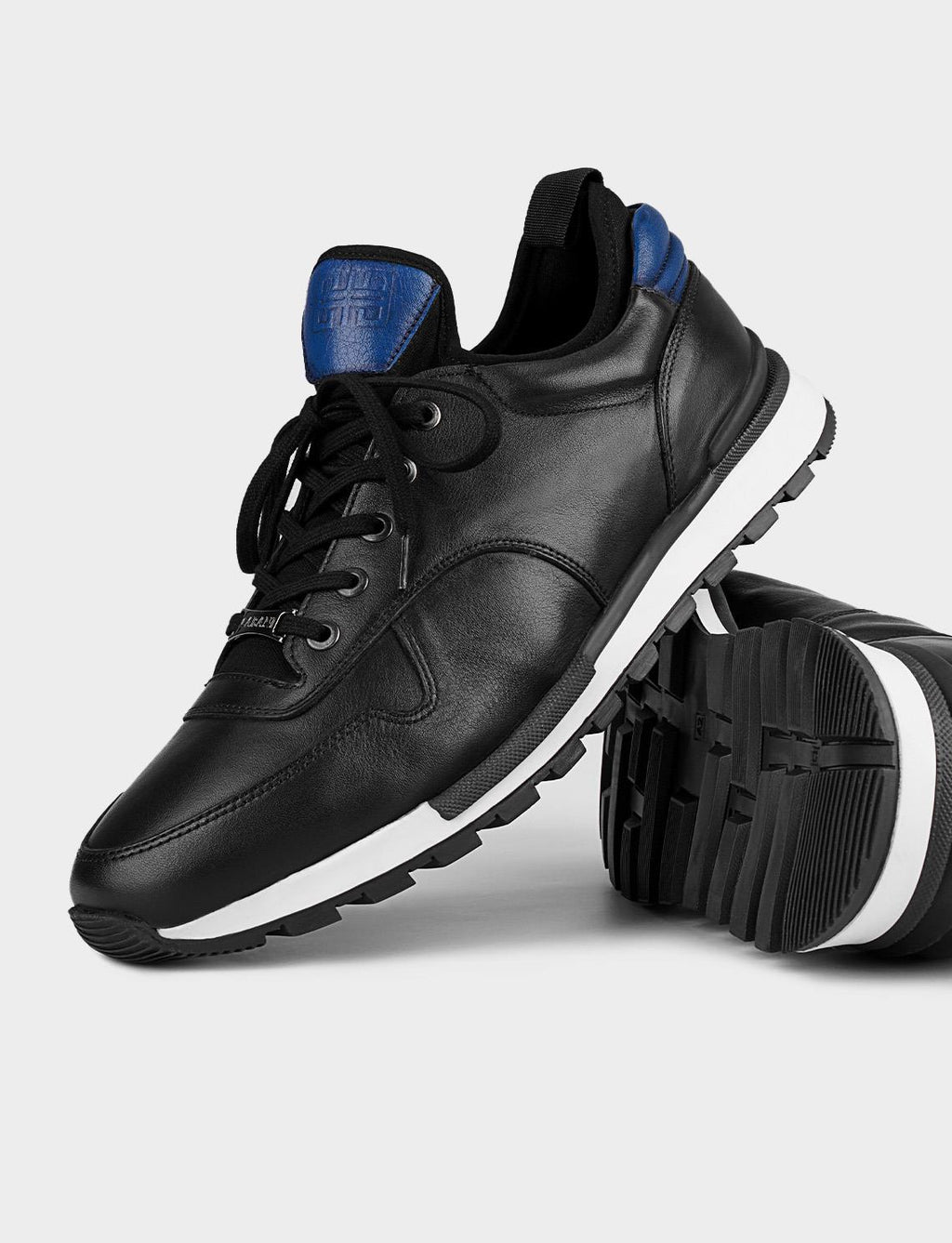 Blue Ankle Detail Genuine Leather Black Lace-up Men's Athletic Shoes