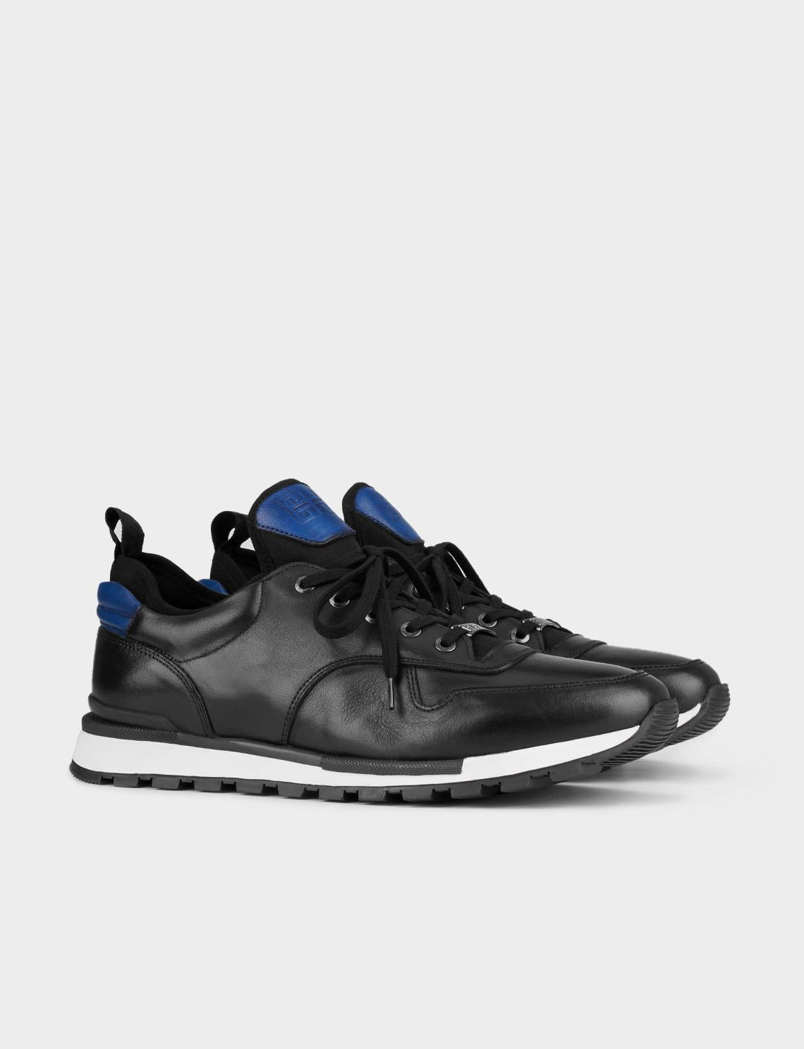 Blue Ankle Detail Genuine Leather Black Lace-up Men's Athletic Shoes