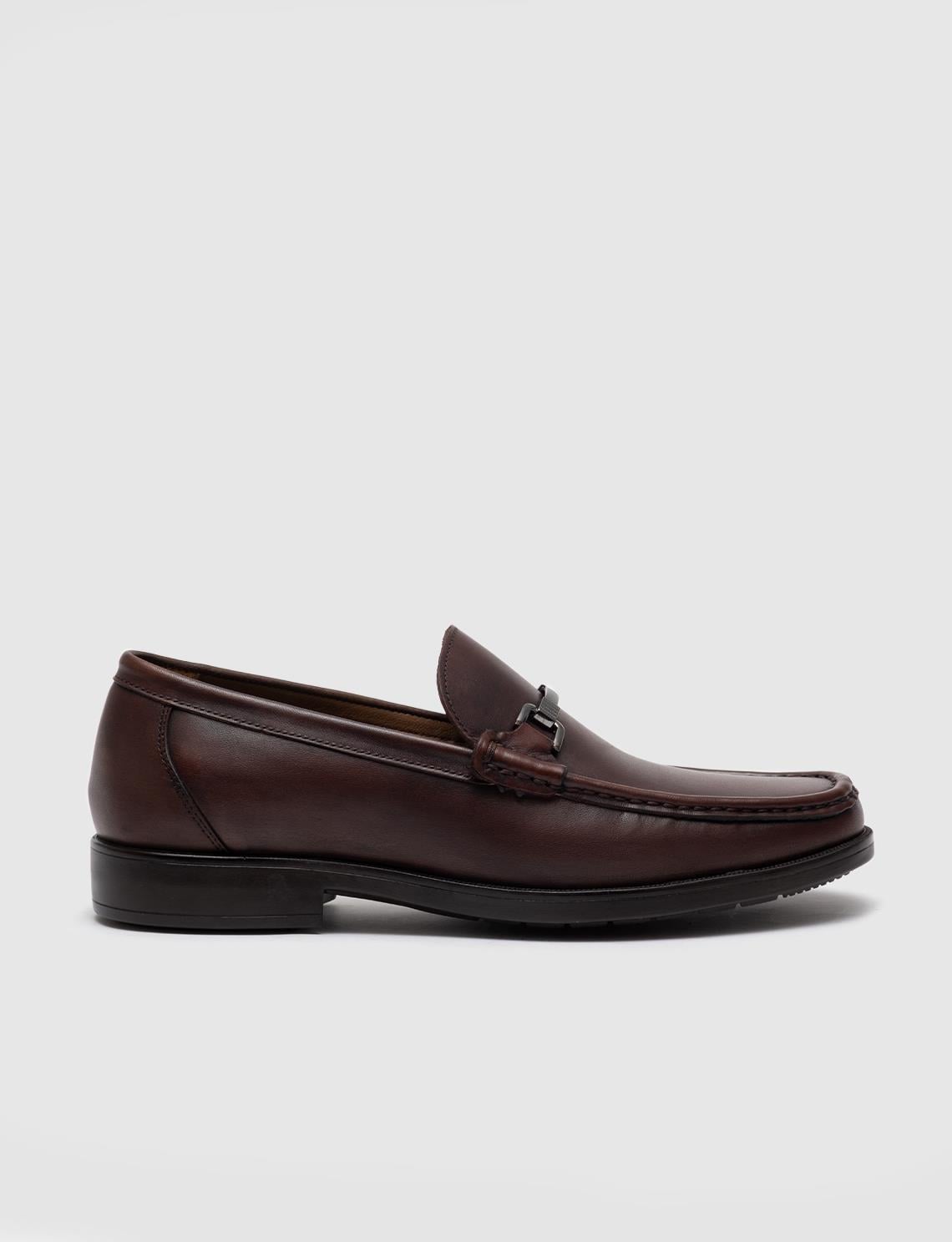 Men's Brown Casual Shoes with Metal Buckle Detail and Genuine Leather