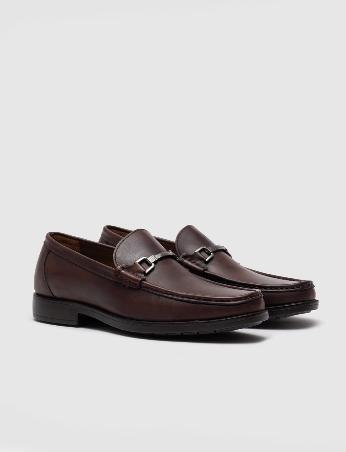 Men's Brown Casual Shoes with Metal Buckle Detail and Genuine Leather