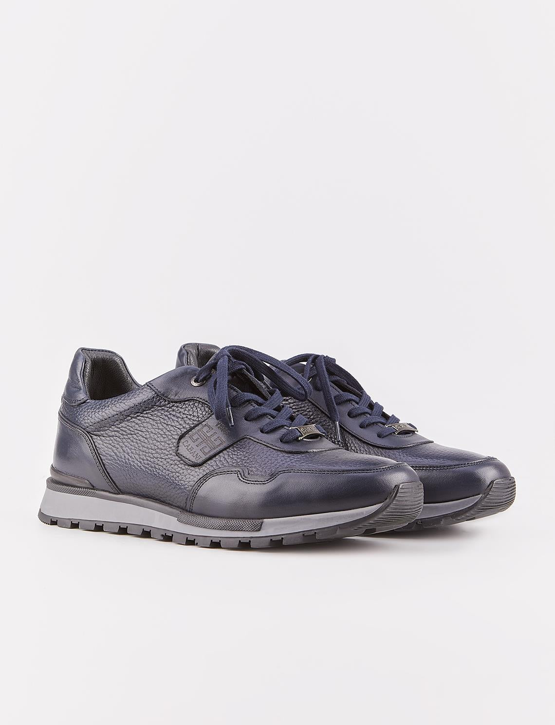 Custom Designed Genuine Leather Navy Blue Lace-up Men's Athletic Shoes