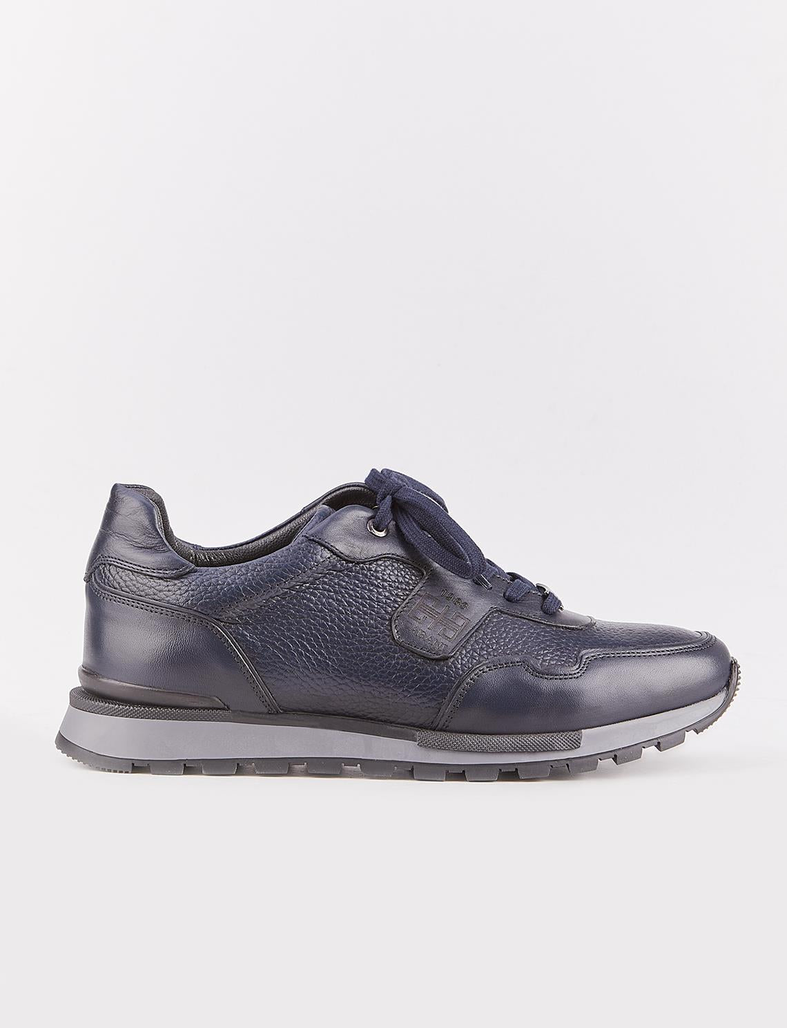 Custom Designed Genuine Leather Navy Blue Lace-up Men's Athletic Shoes