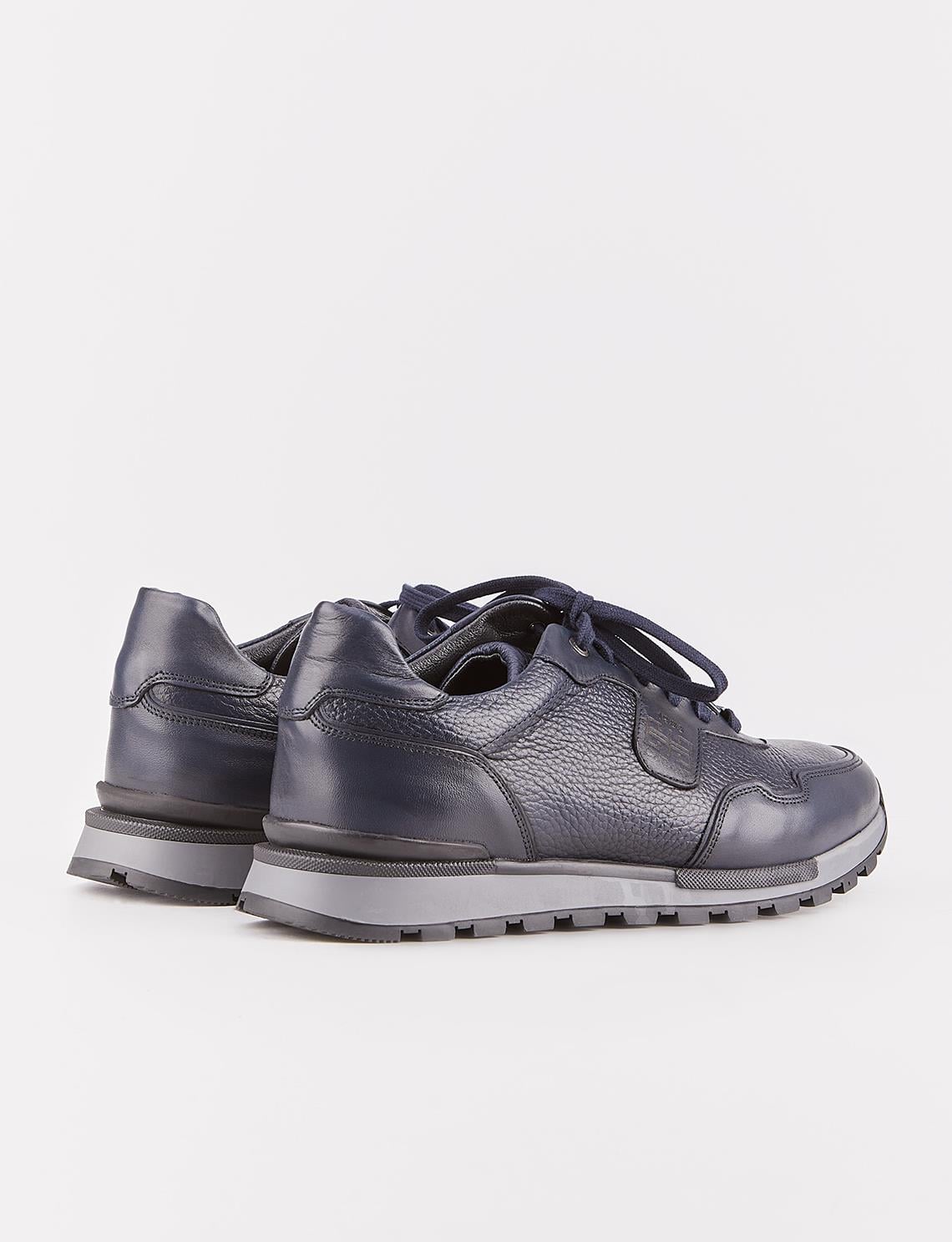 Custom Designed Genuine Leather Navy Blue Lace-up Men's Athletic Shoes