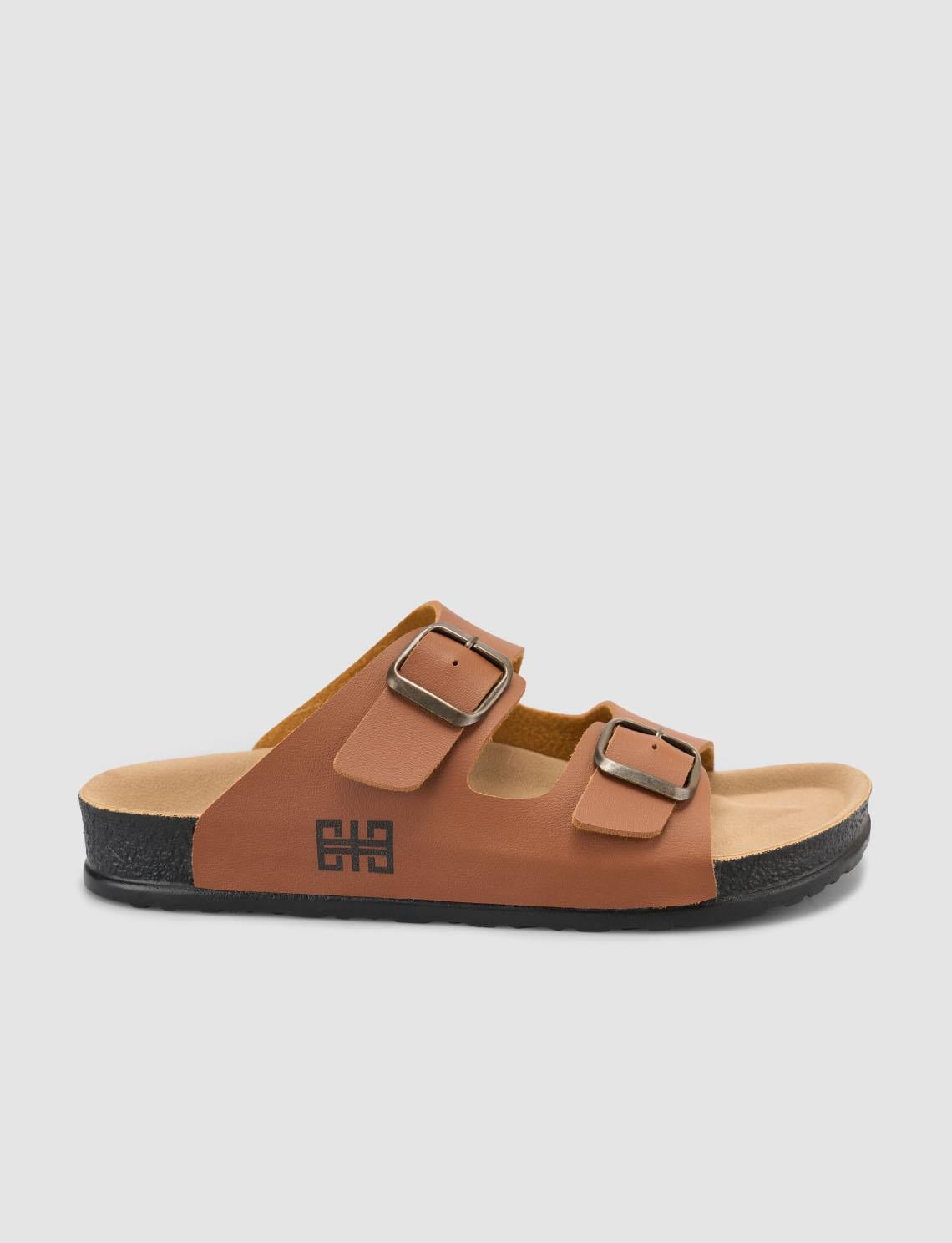 Women's Tan Slippers with Buckle Detail