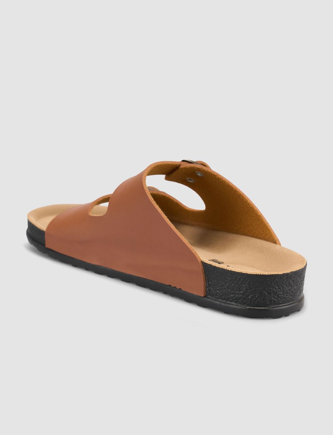 Women's Tan Slippers with Buckle Detail