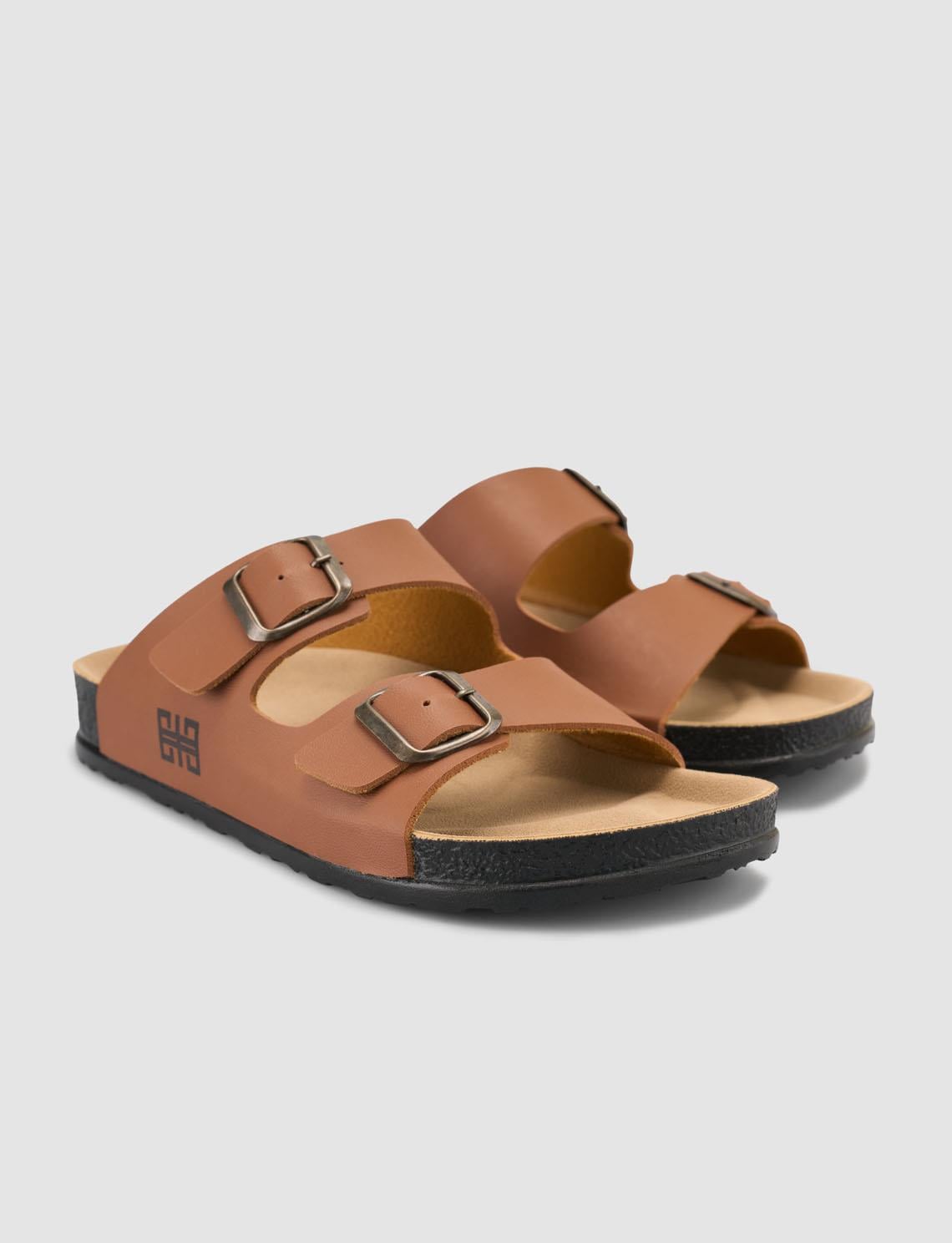 Women's Tan Slippers with Buckle Detail