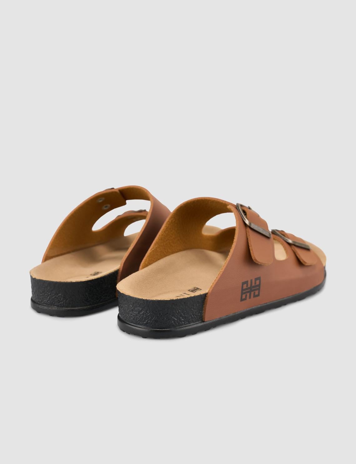 Women's Tan Slippers with Buckle Detail