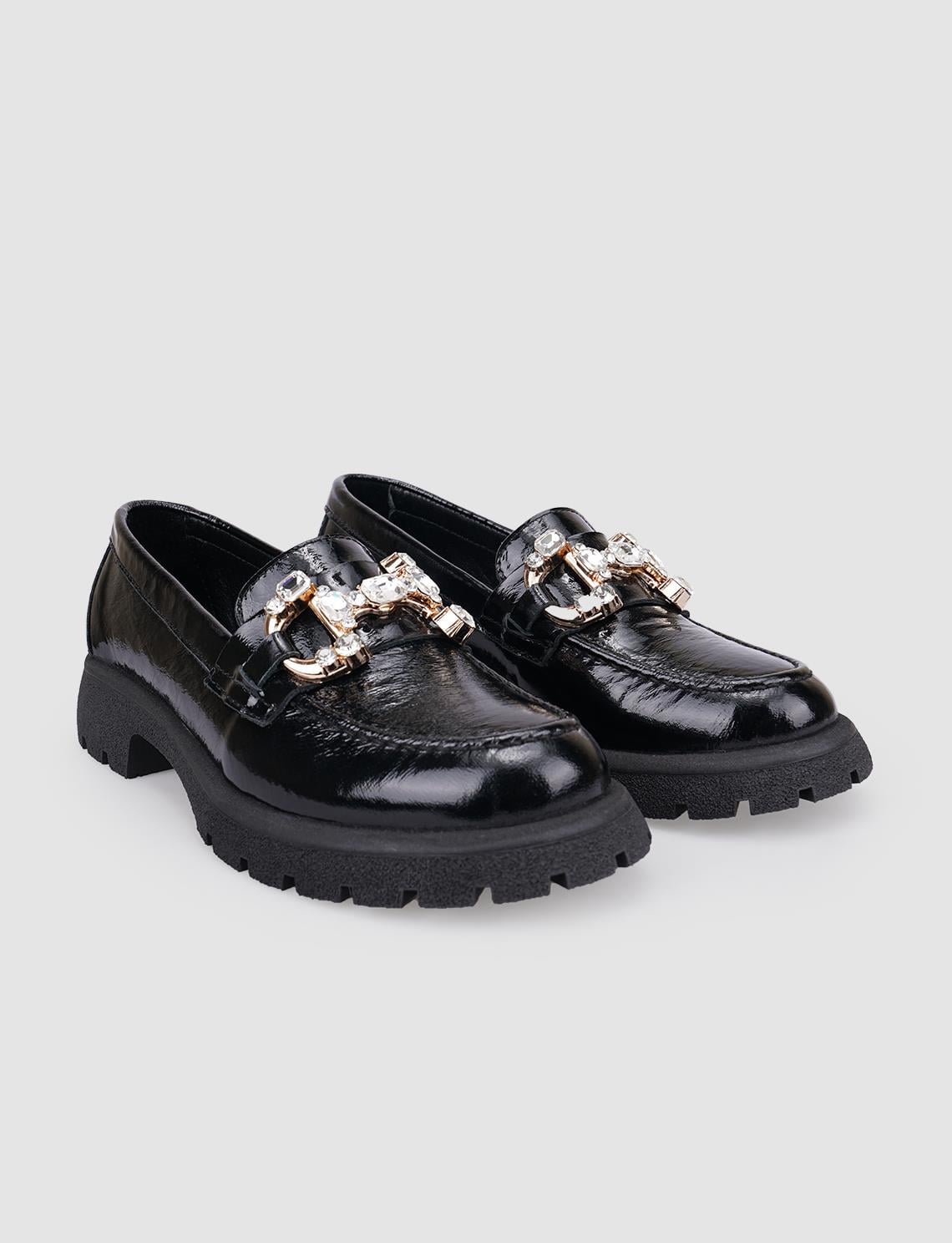 100% Genuine Leather Black Patent Leather Buckle Women's Casual Shoes