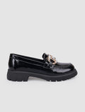 100% Genuine Leather Black Patent Leather Buckle Women's Casual Shoes