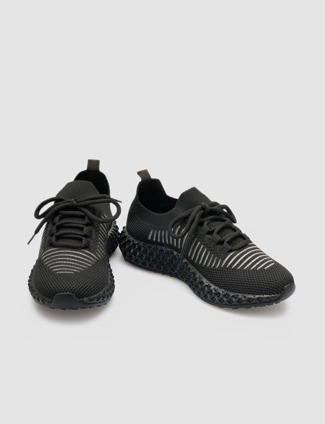 Black Lace-up Knit Women's Athletic Shoes