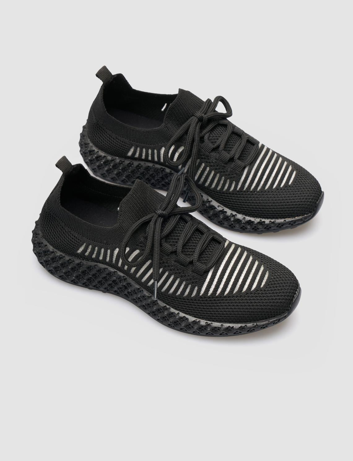 Black Lace-up Knit Women's Athletic Shoes
