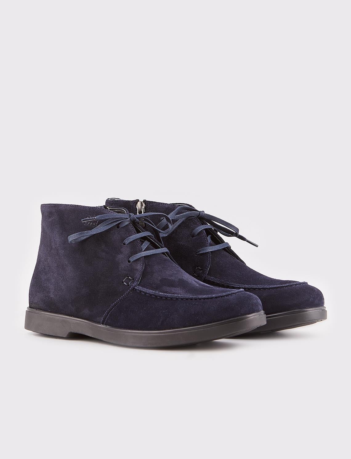Suede Genuine Leather Navy Blue Zip-Up Men's Casual Boots