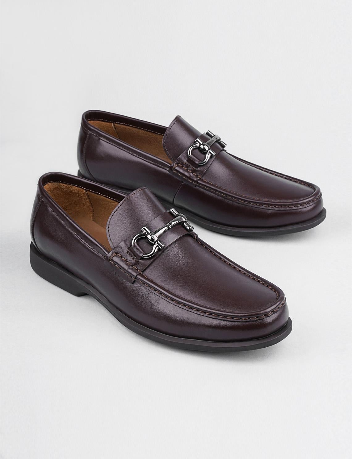 Brown Men's Loafer with Buckle Accessory and Genuine Leather