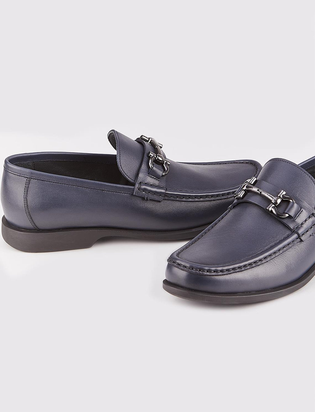 Genuine Leather Navy Blue Men's Shoes with Buckle Accessory