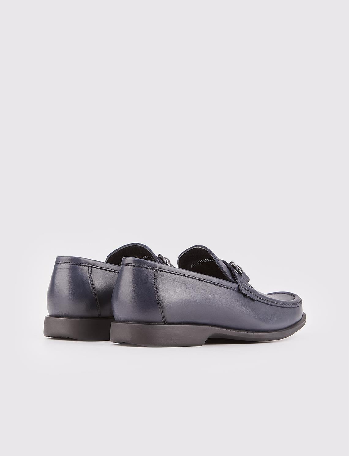 Genuine Leather Navy Blue Men's Shoes with Buckle Accessory