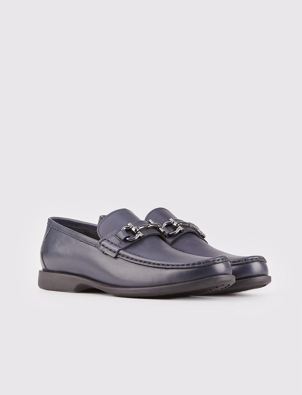 Genuine Leather Navy Blue Men's Shoes with Buckle Accessory