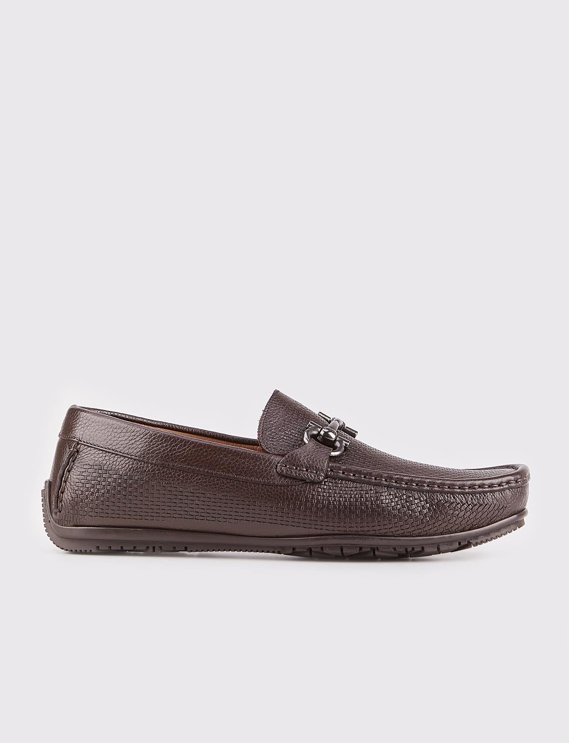 Men's Brown Loafer Shoes with Buckle Detail (Genuine Leather)