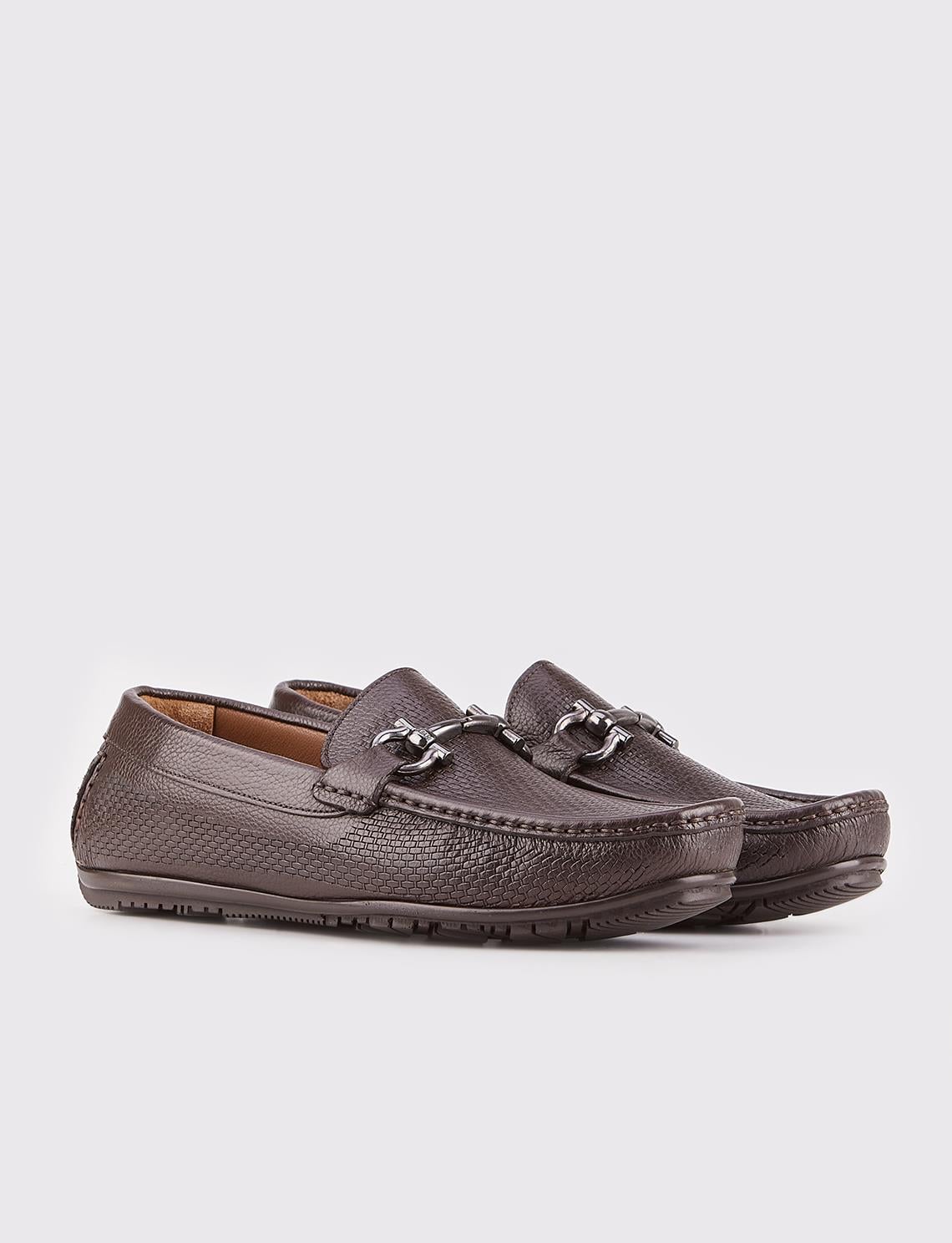 Men's Brown Loafer Shoes with Buckle Detail (Genuine Leather)