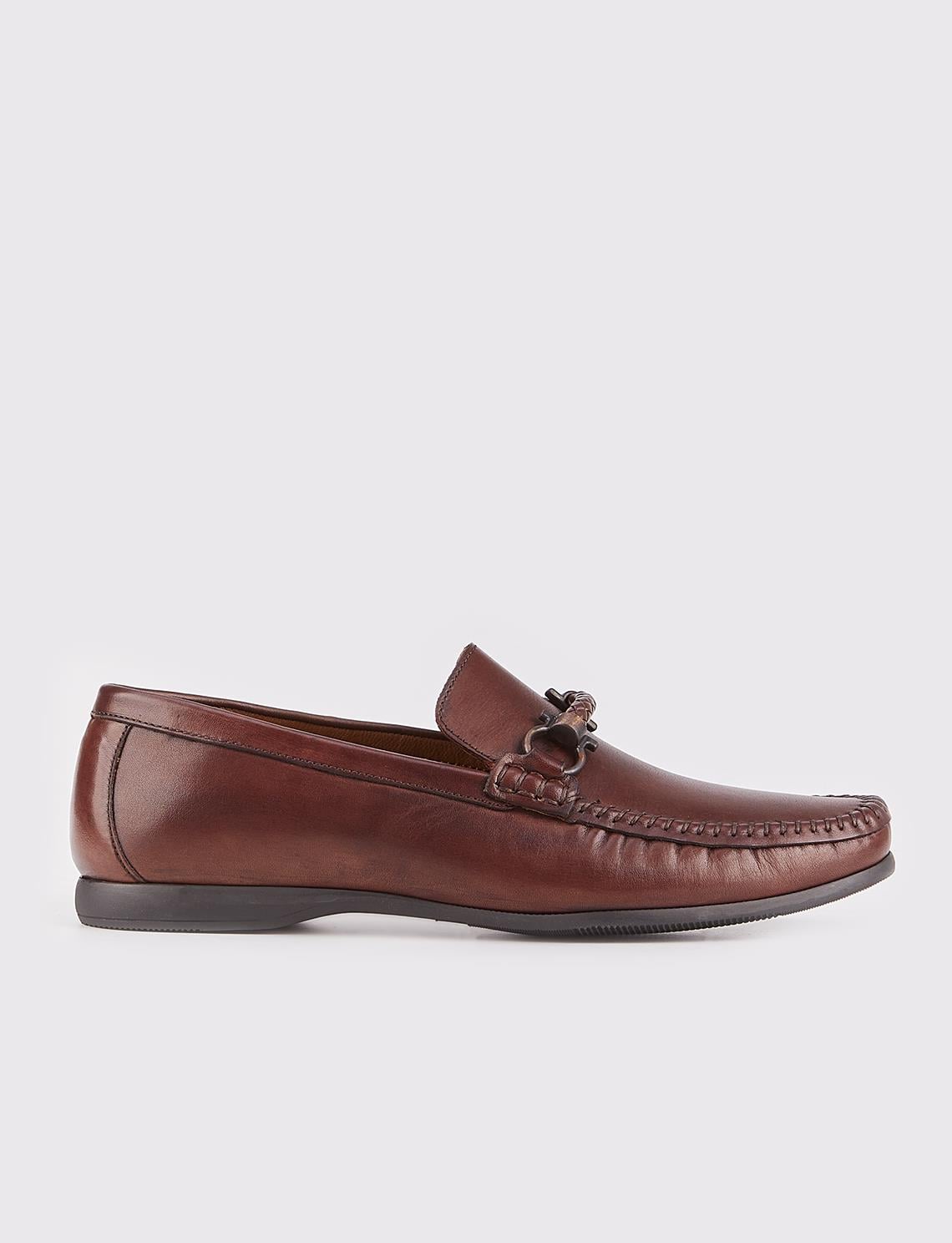 Buckle Detail Genuine Leather Brown Men's Loafer Shoes