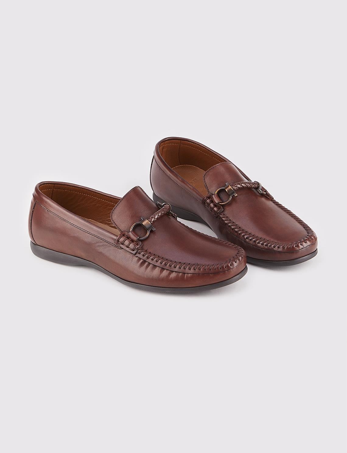 Buckle Detail Genuine Leather Brown Men's Loafer Shoes