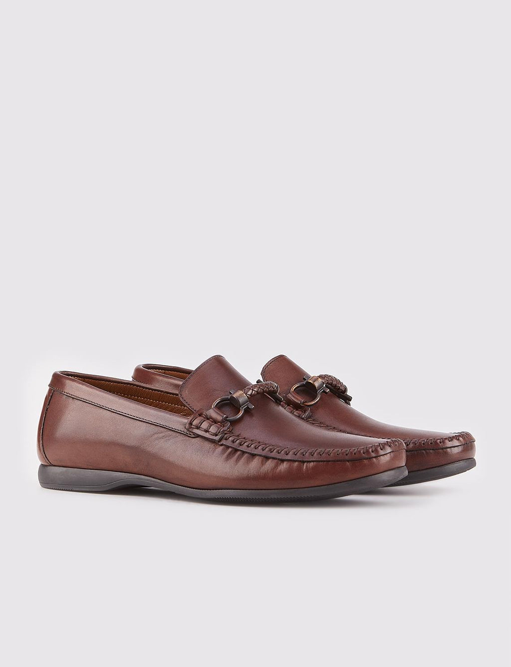 Buckle Detail Genuine Leather Brown Men's Loafer Shoes