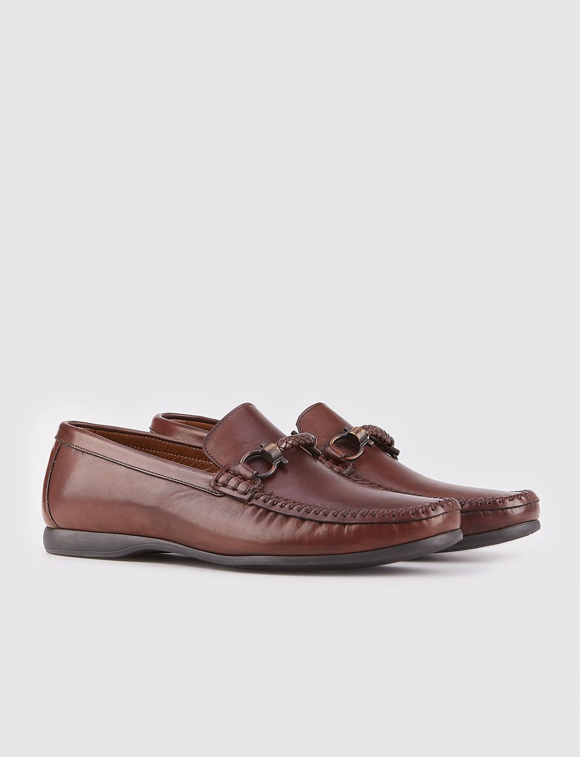 Buckle Detail Genuine Leather Brown Men's Loafer Shoes