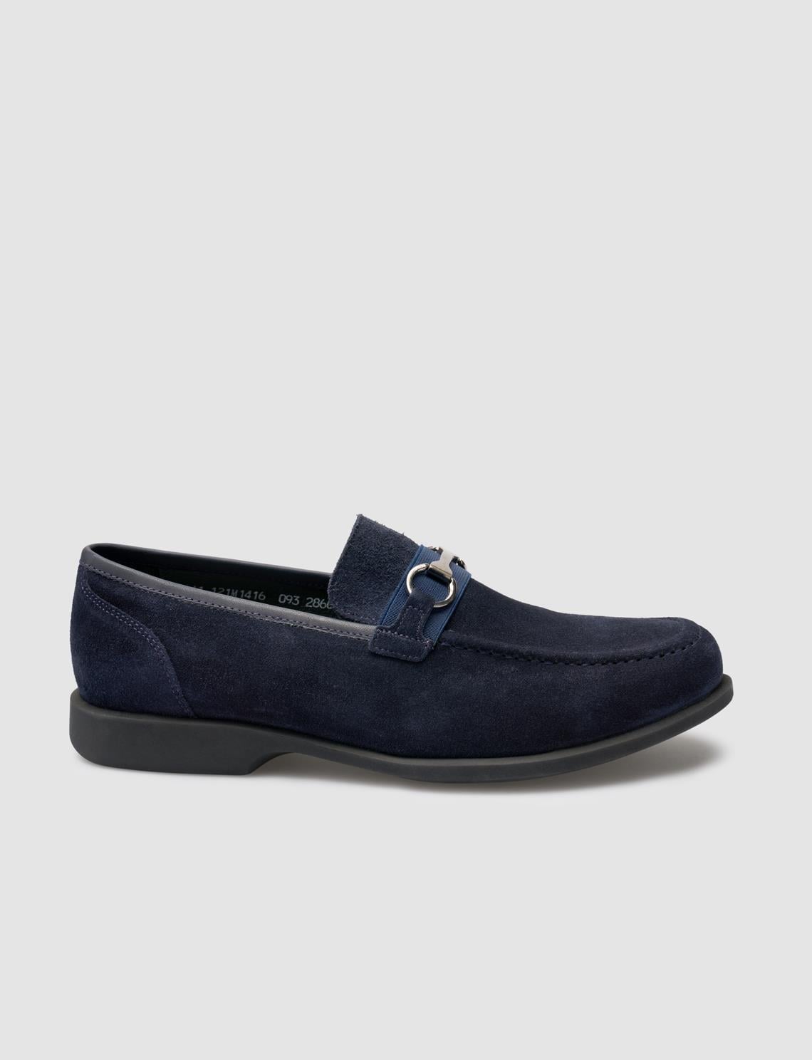 Buckle Detail Genuine Leather Navy Blue Men's Loafer