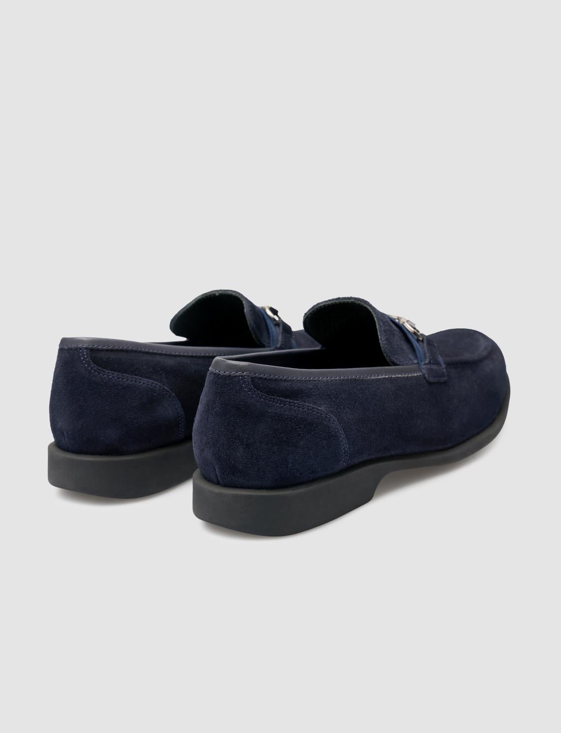 Buckle Detail Genuine Leather Navy Blue Men's Loafer