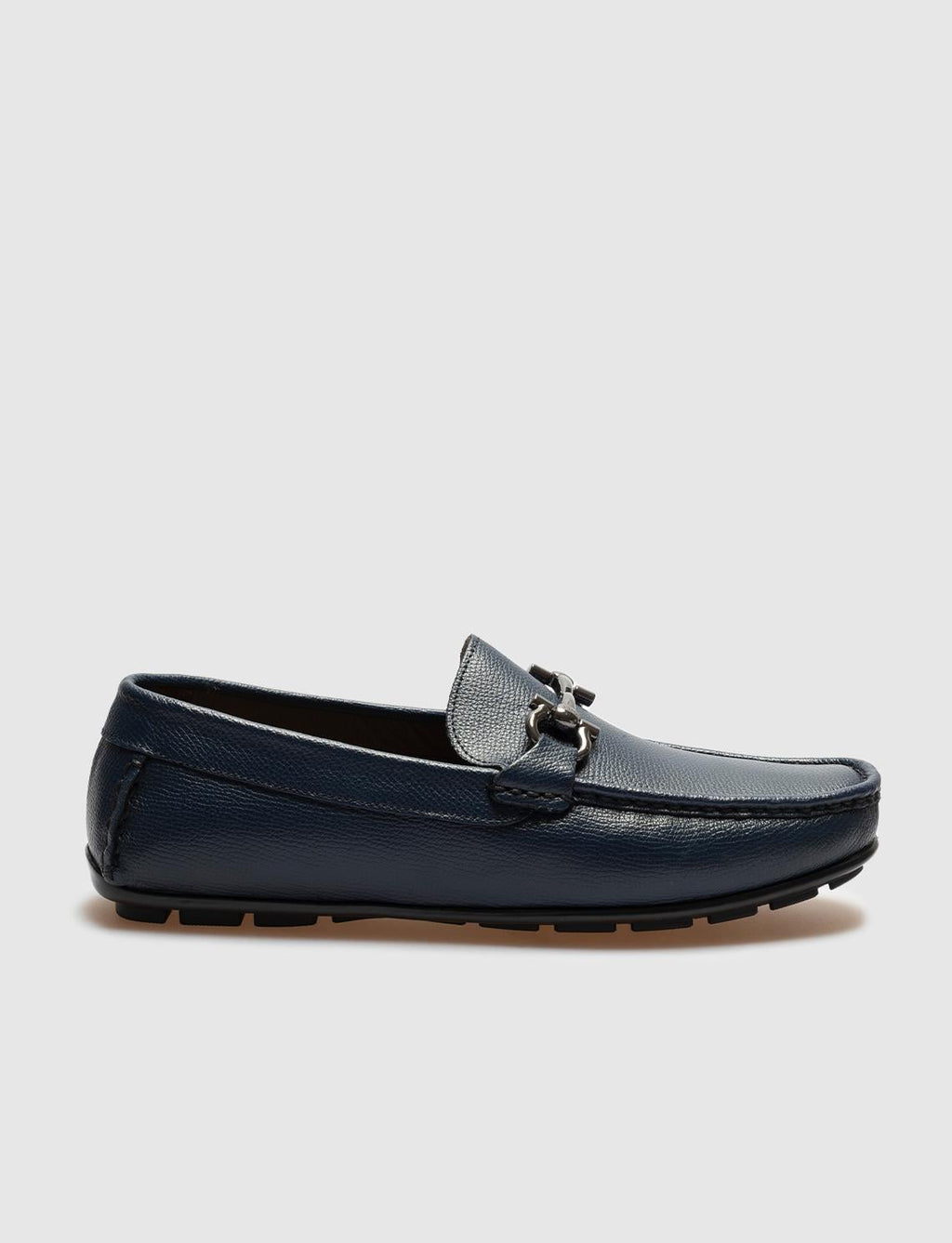 Buckle Detail Genuine Leather Navy Blue Men's Loafer Shoes