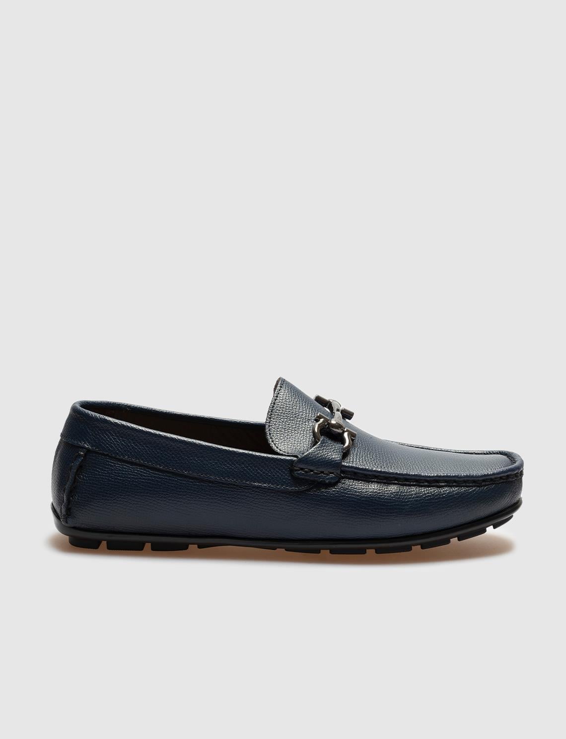 Buckle Detail Genuine Leather Navy Blue Men's Loafer Shoes