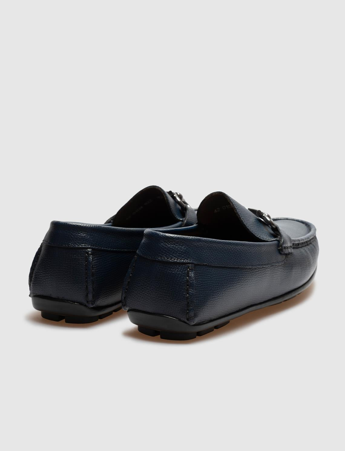 Buckle Detail Genuine Leather Navy Blue Men's Loafer Shoes