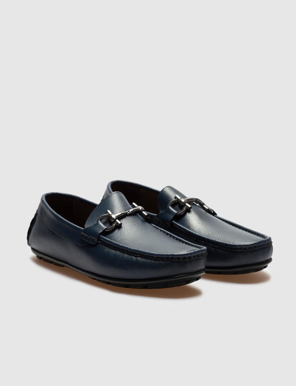 Buckle Detail Genuine Leather Navy Blue Men's Loafer Shoes