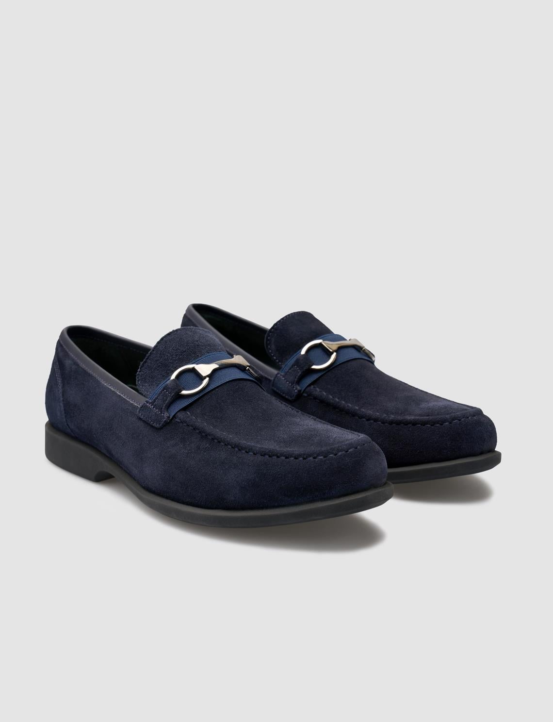 Buckle Detail Genuine Leather Navy Blue Men's Loafer