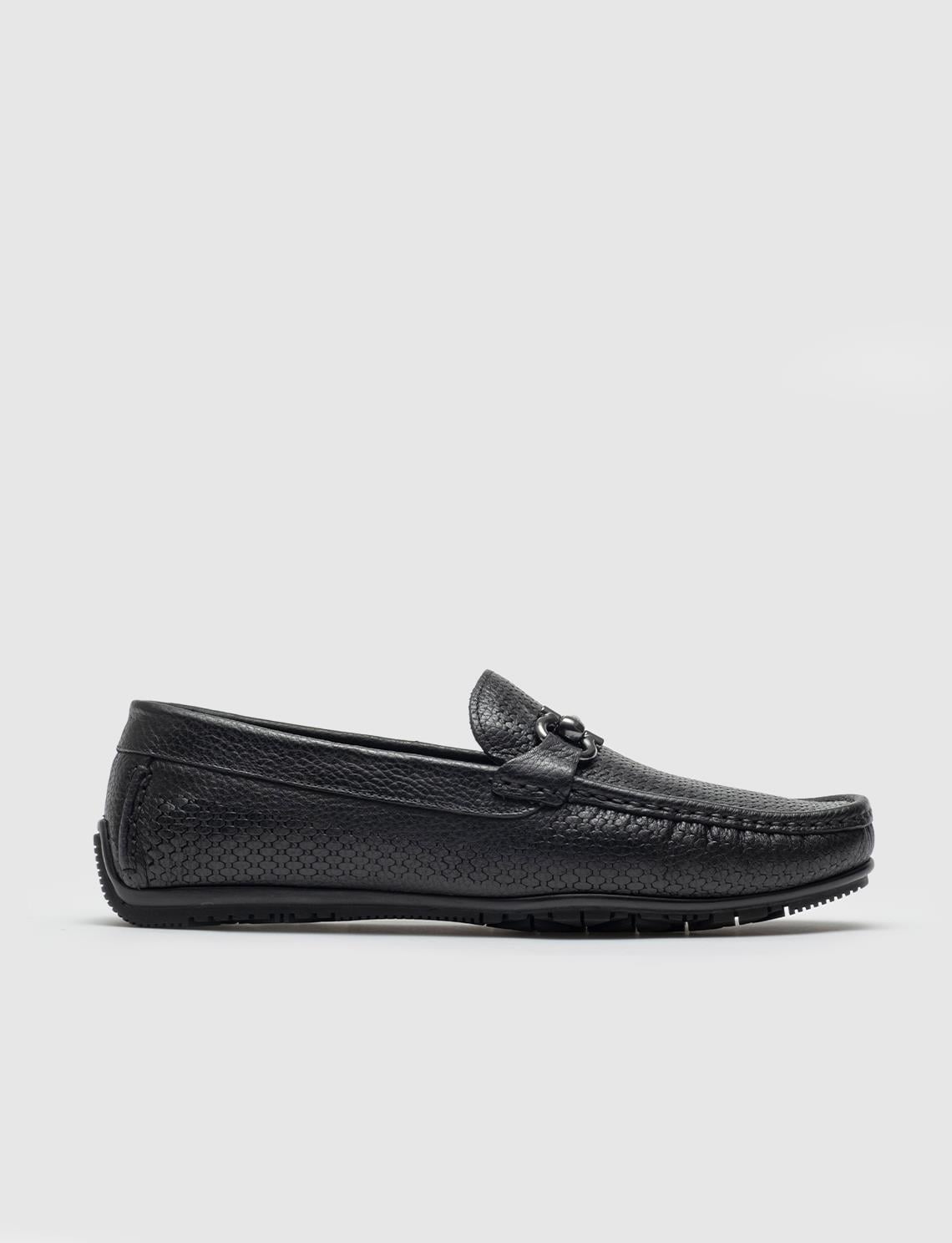 Buckle Detail Genuine Leather Black Men's Loafer Shoes